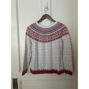 Talbots Fair Isle Wool Blend Sweater Womens Size LP Red Ivory Classic Holiday